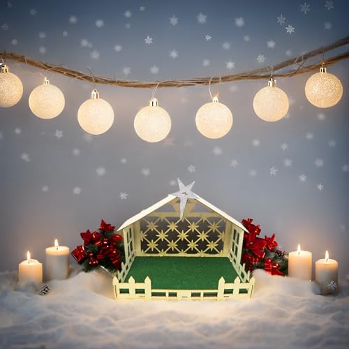 Image of Excel Impex Decorative Christmas Decoration Wooden Crib Stable with Glitter Star Topper, Green Turf Base, 40 x 30 x 25 cm