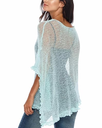 Image of SHU-SHI Women's Sheer Knit Poncho Shrug Lightweight Asymmetrical Ruffle Wrap Dressy Summer Shawl Cover Up Top