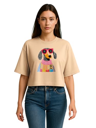 Image of HELLCAT Beige Printed Loose Fit Crew-Neck Crop T-Shirt for Women