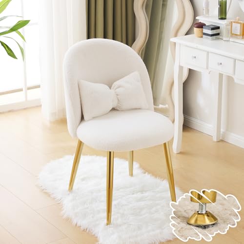 VINGLI Boucle Girls Vanity Chair with Back & Pillow Cute Small Cozy Desk Chair No Wheels Comfy Makeup Ch with Ajustable Gold Legs for Bedroom Living Room Small Space White