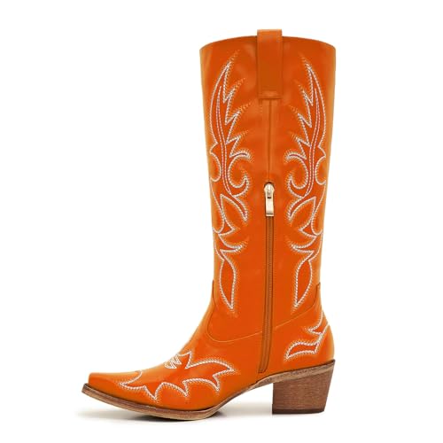 Image of Uillnoodu Women's Turquoise Cowgirl Boots - Wide Calf Mid Calf Western Boots Plus Size Embroidered Cowboy Style with Block Heel