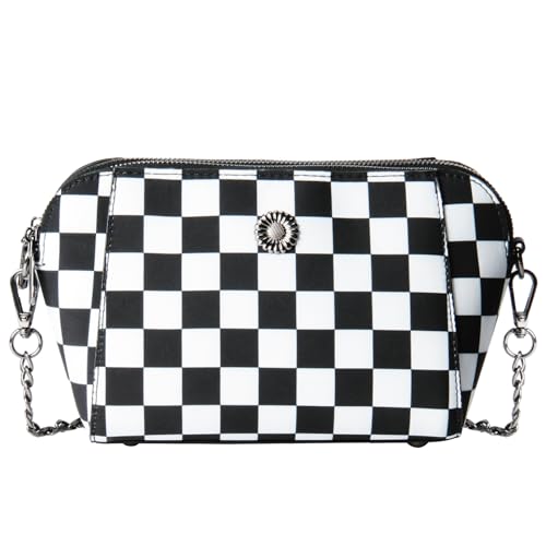 Black and White Checkered Nylon Crossbody Bags for Women, Trendy Classic Checkered Purses Handbags Wallets Waterproof Nylon Cross Body Shoulder Tote Bags