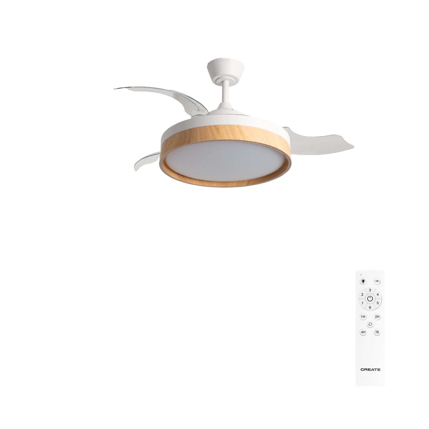CREATE / WIND CLEAR EDGE/Ceiling fan with light white light wood with control / 40W, Silent, Ø107 cm, 6 speeds, retractable blades, summer-winter function, LED light 3 temperatures