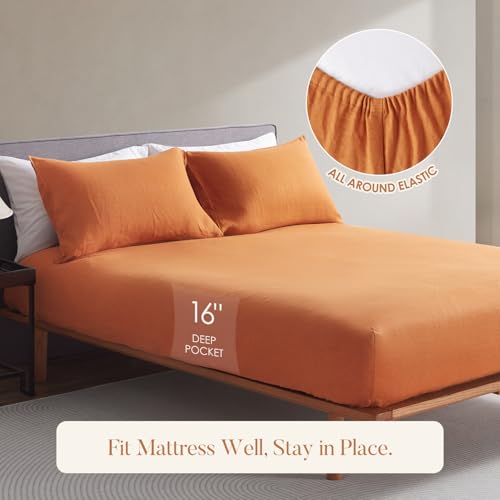 DAPU Pure Linen Sheets Set, 100% French Linen from Normandy, Breathable and Durable for Hot Sleepers, 4 Pcs Set - 1 Flat Sheet, 1 Fitted Sheet, 2 Pillowcases (Sunrise, King)