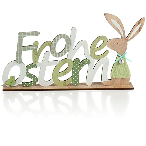 com-four® Deko Aufsteller Frohe Ostern - Schriftzug mit Osterhasen - Osterdeko zum Hinstellen - Osterdekoration aus Holz mit Glöckchen (1 Stück - Hase und Vogel)