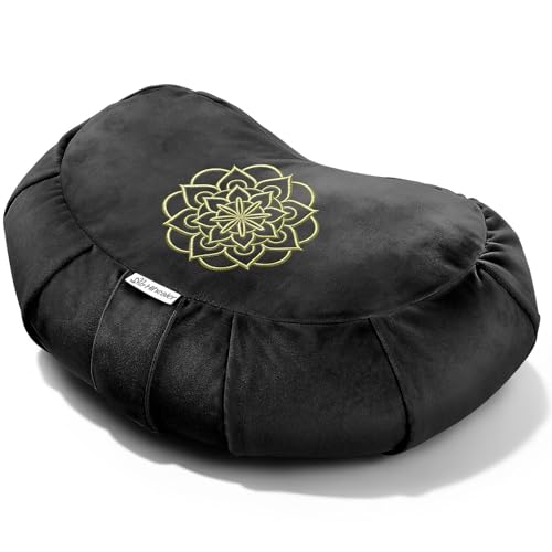 Hihealer Premium Meditation Cushion – Comfortable Floor Pillow for Adult Traditional Crescent Meditation Pillow Yoga Buckwheat Bolster (Black)
