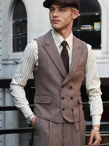 Mens Classic Herringbone Tweed Suit Vest Double Breasted Waistcoat for Groomsmen Formal Wedding Business Vest Slim Fit3