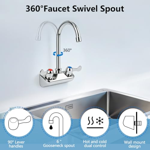 Image of Commercial Hand Sink Faucet with 6 inch Gooseneck Spout, 4 Inch Center Wall Mount Kitchen Sink Faucet for Laundry Kitchen Restaurant Bar Sink, Brass Constructed