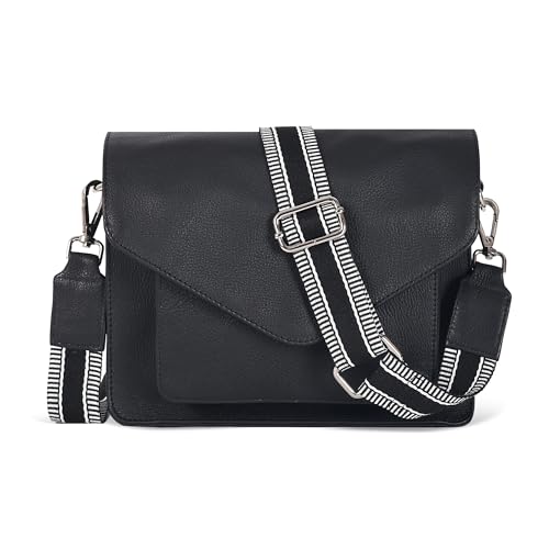 Leather Flapover Crossbody Handbag Purse for Women with Adjustable Strap