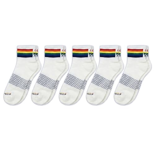 BOMBAS Womens Pride Quarter Socks 5-Pack White Rainbow Bee Proud Collection Medium Cotton Size 7.5-11