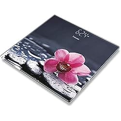 Basculas De Baño Originales Beurer GS-215 Relax - Báscula digital de vidrio con diseño flor, pantalla LCD invisible, dígitos 2.7cm, 180 kg / 100 gr, vidrio seguridad, indicador batería baja, gris con flor rosa