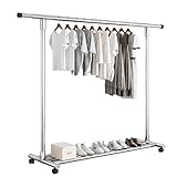 Perchero con Barra Extensible, Perchero de Ropa Metálico Autónomo con Ruedas, Organizador Estándar 2 Frenos, Marco de...