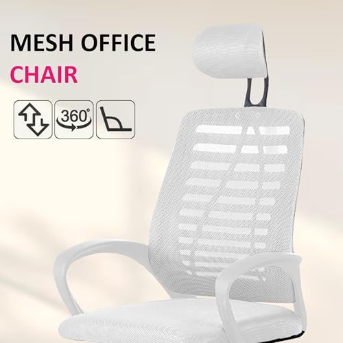 Image of Mesh Office Desk Chair,Rocking Ergonomic Computer Chair Adjustable High with Headrest and Comfortable Armrest Swivel - White & White Handle