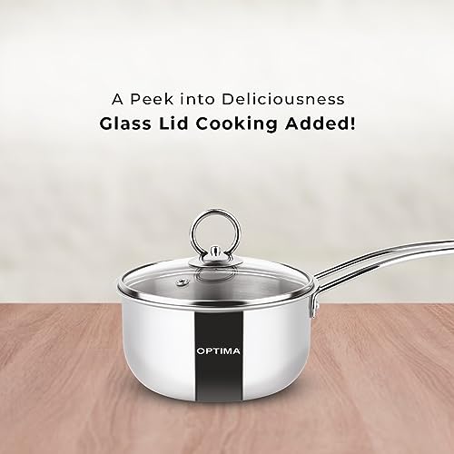 Image of Optima Triply Stainless Steel Sauce Pan with Glass Lid for Healthy Cooking 16cm