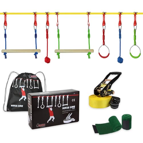 ALPIDEX Ninja Line Kinder Slackline Hindernisse Set Turnringe Seilknoten Schaukel Kletterleiter Zubehör Erweiterbar Warrior Parcours 7 Jahre Garantie auf Material*, Stil:Basic