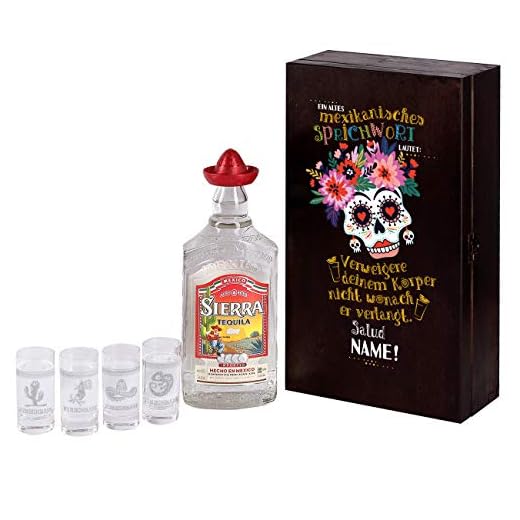 Herz & Heim® Sierra Tequila Geschenk Set personalisiert mit Ihrem Wunschnamen bekommen Sie 4 graviertem Schnapsgläser und eine Flasche 0,7 l Sierra Tequila Silver in einer großartiger Holzverpackung