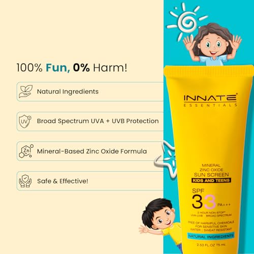 Image of Innate Kids & Teens Mineral Sunscreen Lotion for Babies with Zinc Oxide SPF 33+ PA+++ - 75ml | UVA UVB & Broad Spectrum Protection | Sweat & Water Resistant | Hypoallergenic & Fragrance Free