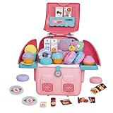 Kinderland Toys Maleta de Doces e Confeitaria de Brinquedo Kit com Cupcakes Donuts e Pirulitos Coloridos Mochila Portátil Rosa com Acessórios Temáticos