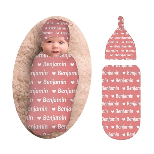 Personalized Baby Swaddle Blanket & Hat Set for Boys Girls, Customized Newborn Gifts, Custom Receiving Blanket with Name, Ultra Soft Nursery Swaddle Wrap, Swaddling Sleeping Sacks
