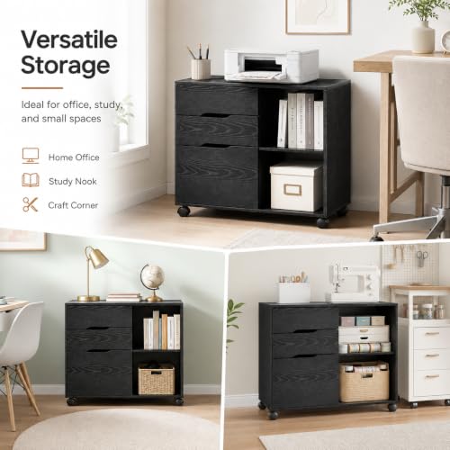 Image of Simple Deluxe 3 Drawer Rolling File Cabinet, Wood Printer Stand with Adjustable Shelf for Home Office Study Organizatiom, Black
