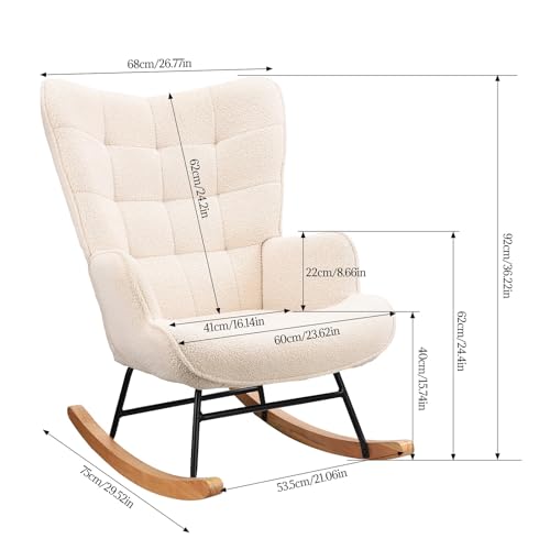 Fauteuil à Bascule Scandinave, Rocking Chair Confortable avec Haut Dossier, Pieds à Bascule en Bois Massif et Structure en Métal, Idéal pour Salon, Chambre et Bébé – Image 3