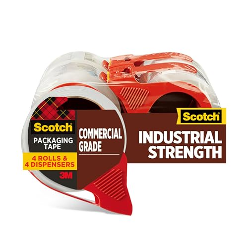 Scotch Commercial Grade Shipping Packaging Tape, 1.88 in x 54.6 yd, 4 Rolls with 4 Refillable Dispensers, Clear (3750-4RD)