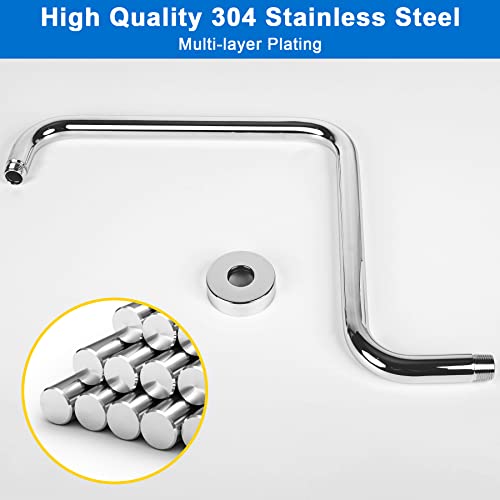 16.8 Inch S Shaped Shower Arm Height Extender Rainfall Head High Rise Shower Arm With Flange And Teflon Tape，304 Stainless Gooseneck Shower Arm Standard 1/2" Connection For Bathroom Accessory (Chrome) #TOP2