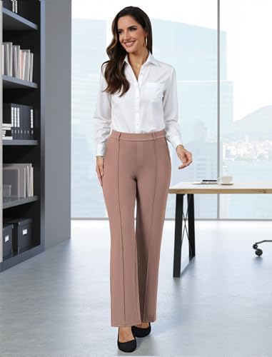 Women's Dress Pants Business Casual Stretchy Work Pants High Waisted Pull On Slacks Office Wide Leg Trousers Coffee3