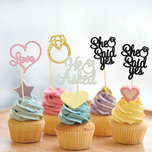 Gyufise 24 Pack Multicolor Glitter He Asked She Said Yes Cupcake Toppers Diamond Ring Heart Cake Picks For Wedding Engagement Party Table Decorations #TOP5