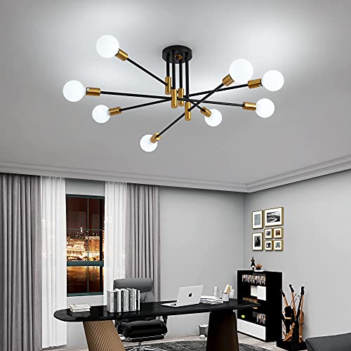 Mid Century Modern Sputnik Chandelier Light Fixture, Semi Flush Mount Ceiling Light Adjustable Arm Pendant Lighting Used For Kitchen Dining Room Bedroom Living Room Corridor (Black+Gold-8 Lights) #TOP2