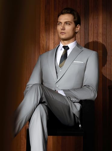 WULFUL Men’s Slim Fit Suit One Button 3-Piece Blazer Dress Business Wedding Party Jacket Vest & Pant Light Grey