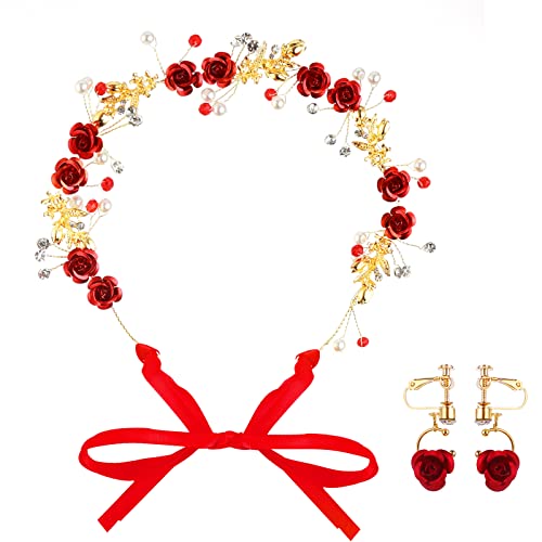 Sibba Flower Headpiece Crowns Headband Earrings Jewelry Set Bride Bridesmaids Wedding Red Tiaras Crystal Rhinestone Pearl Headwear Long Vines Rose Girl Women Mothers Day Halloween Party Hair Band #TOP1