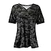 iLH Womens Summer Zipper Tops Floral Short Sleeve V Neck T Shirts Tees Printed Side Split Tunic Drop Tail Hem Relaxed Fit Tee