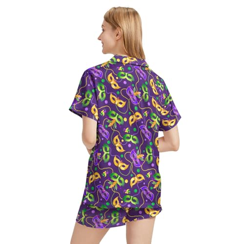 Image of Funny Pajamas for Women Set Print Satin Loungewear Pjs Short Sleeve Button Down Top and Shorts Sets Sleepwear XS-3XL
