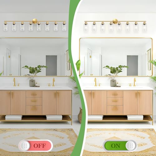 Image of 8-Light Brushed Gold Vanity Lights for Bathroom, Lighting Fixtures Over Mirror with Clear Glass Shade, Modern Kitchen Light Fixtures Wall Lamps Sconce Light - E26 Base