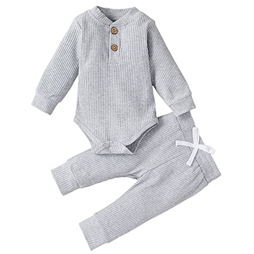 Image of HZYKOK Winter Newborn Baby Boy Girl Clothes Set Unisex Infant Ribbed Outfits Solid Cotton Long Sleeve Tops Pants 2PCS