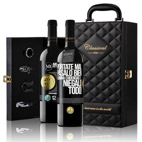 «Pórtate mal Pásalo bien Elimina evidencias y…...» Mensaje en una Botella. Estuche-Maletín de LUJO 2x Vino Tinto Premium Reserva 12 Meses y Set de 4 Accesorios. Etiqueta Negra PERSONALIZABLE