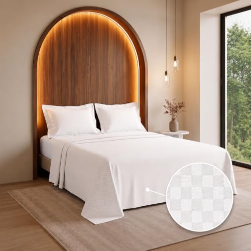 Image of LANE LINEN 400TC 100% Cotton Micro Check King Size Bedsheet - White | OEKO-Tex Certified, 108 x 108 Inch, Fits King & Double Size Bed, Breathable & Wrinkle-Free, Includes 2 Pillow Covers