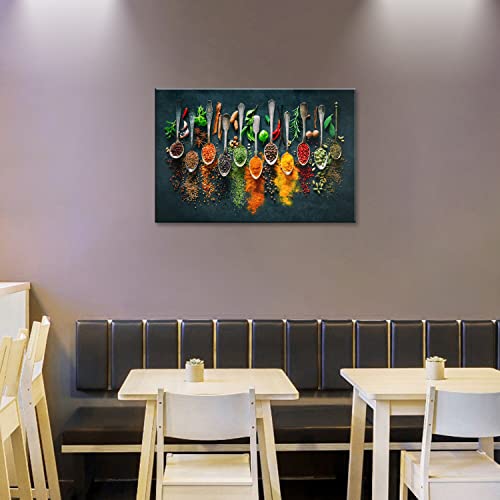 Image of Framed Large Kitchen Wall art Pictures Decor Couful Spice in Spoon Vintage Canvas Wall Art Food Photos Painting On Canvas Home Decoration Gift Ready to Hang 24x36inch