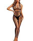 RSLOVE Damen Dessous Netz Bodystocking - Fischnetz Bodysuit Sexy Nachtwäsche Schwarz One size