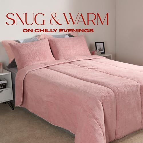 OHS Teddy Fleece Coverless Duvet Double 10.5 Tog, Double Duvet Set with Pillowcases Winter Bedding Quilt Covers Warm Fluffy Coverless Duvets, Blush Pink - Image 6