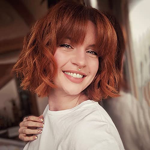 PORSMEER Short Pastel Wavy Bob Dark Auburn Wig with Fringe Natural Looking Synthetic Hair Wigs for Women Ladies Party Or Daily Wear - Image 4
