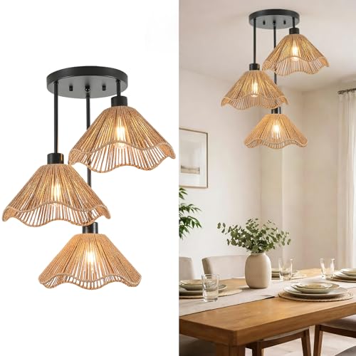 QAREHL Suspension Luminaire à 3 Lumières – Luminaire de Plafond pour Salon, Plafonnier Semi-Encastré en Rotin pour Salle à Manger, Chambre, Entrée et Cuisine – Culot E27