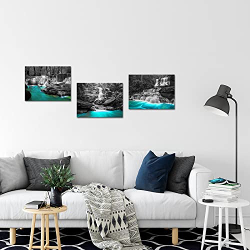 Tiuauit Black And White Waterfall Canvas Wall Art Set Of 3 Pieces Teal Landscape Modern Wall Decor Nature Scince Framed Picture For Bathroom Bedroom Kitchen Decoration Ready To Hang 12"X16"X3Pcs #TOP1