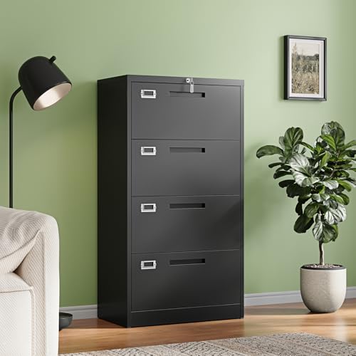 Image of Letaya 4 Drawer File Cabinets with Lock,Metal Lateral Filing Storage Cabinet Printer Stand,Black Steel Home Office Cabinet for Hanging Files Letter /Legal /A4 Size (Black, H51.73xW28.35xD15.74)
