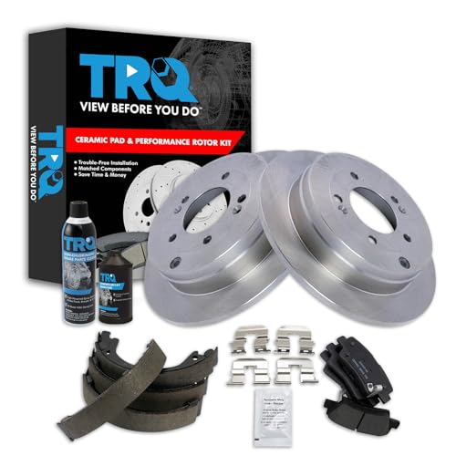 Image of TRQ Rear Brake Pad & Rotor Kit, with Chemical Kit Parking Brake Shoe Set Ceramic Compatible with 2007-2009 Kia Amanti