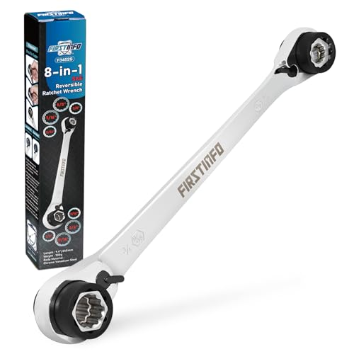 FIRSTINFO F3452S Ratchet Ring Spanner 8-in-1, 12 Point Ratchet, | SAE | CR-V | 90 Teeth Reversible Combination Wrench Including 5/16" 3/8" 7/16" 1/2" 9/16" 5/8" 11/16" 3/4"