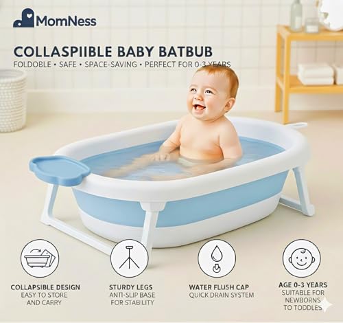 Image of Foldable Baby Bathtub for 0-3 Years | Collapsible Portable Bath Tub with Soap Holder & Drain Plug | Non-Slip Legs, Heat Retention Design, BPA-Free Safe Material (Blue)