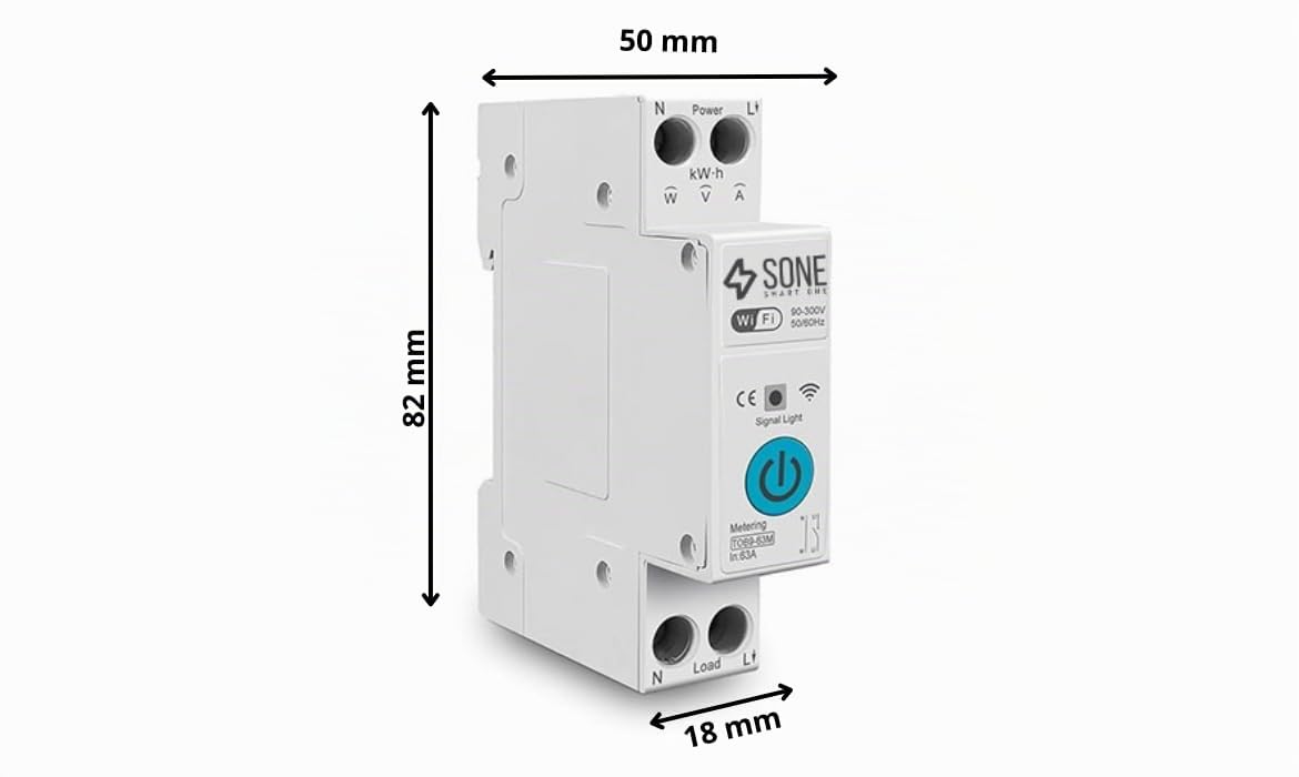 Sone Smart One Interrupteur WiFi Rail DIN 16A avec Compteur d’Énergie | Tuya Smart Life, 90–300V, courant d’appel 63A, minuterie, Alexa Google