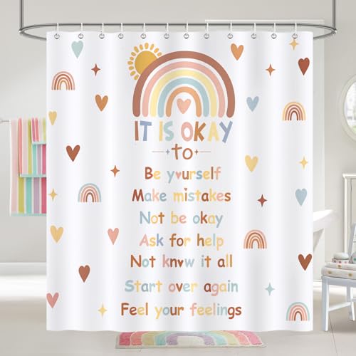 COZZSNUGE Rideau de Douche Boho Arc-en-Ciel, Rideau de Baignoire Enfants Coloré Quotes Positifs 183 x 183 cm Polyester Imperméable Résistant à la...